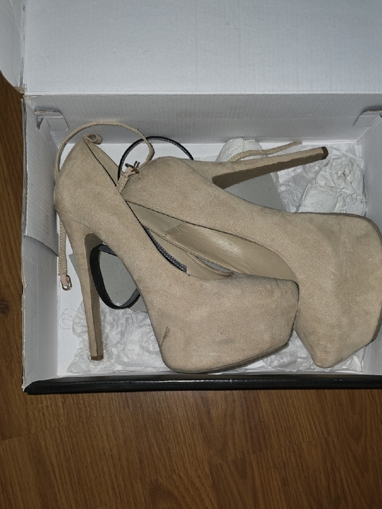 JustFab Shoes - JustFab Taupe Suede Platform Stiletto Heels with Ankle Strap